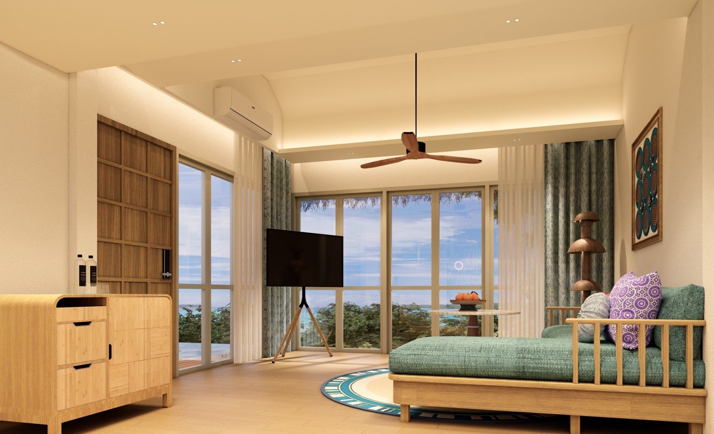 Комната виллы с бассейном на холме (Hilltop Pool Villa) в дневном освещении, на уровне бассейна