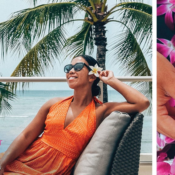 женщина в кресле на палубе с пальмами и видом на океан - flower flatlay